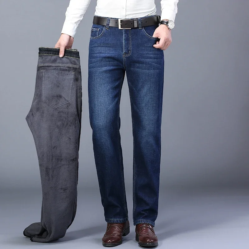2025 New Winter New Men Warm Thick Jeans Plus Size 42 Elastic Straight Denim Trousers Business Fashion Fleece Pants Male Brand