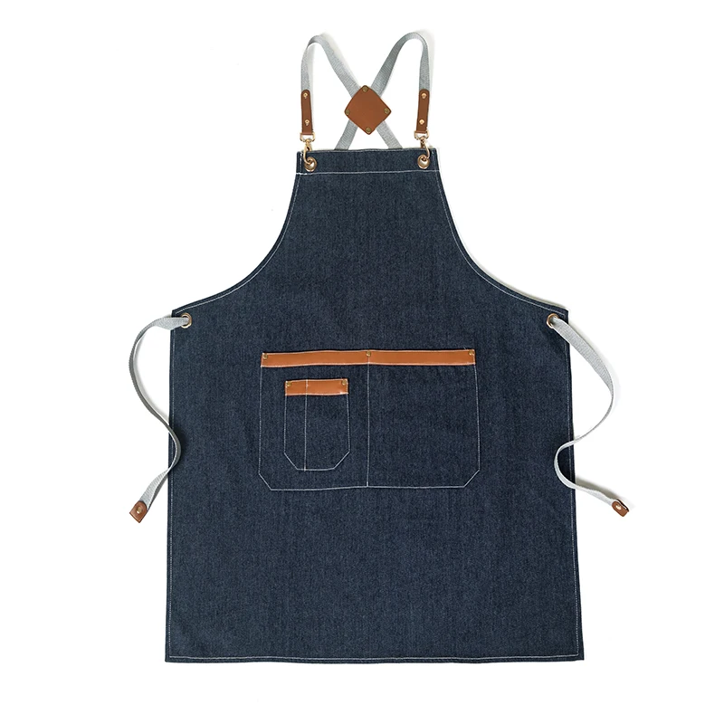 Unisex Denim Kitchen Apron Cross Back Professional Work Aprons Restaurant Waiter Chef Mandiles Salon Nails Barber Avental Custom