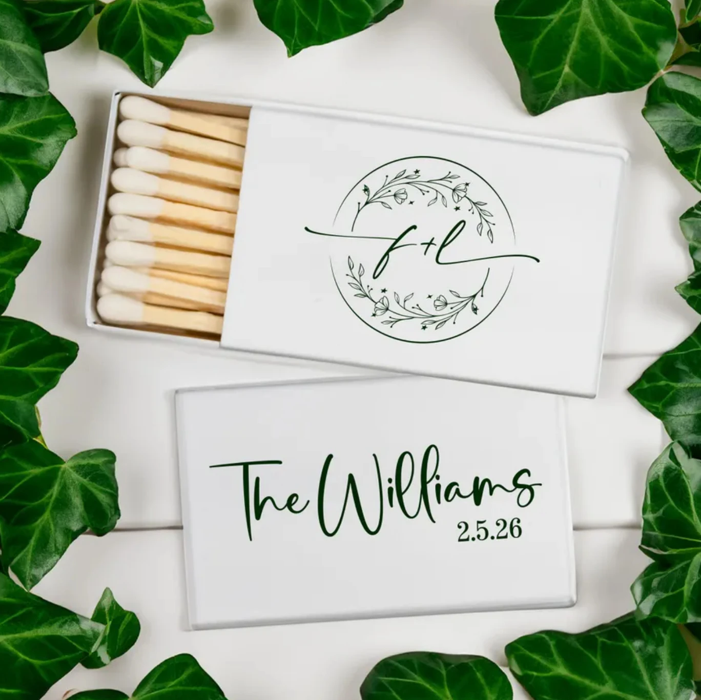 Caja de cerillas de boda personalizada, cajas de cerillas personalizadas, caja de cerillas de hiedra floral | Favores de boda personalizados, cajas de cerillas personalizadas