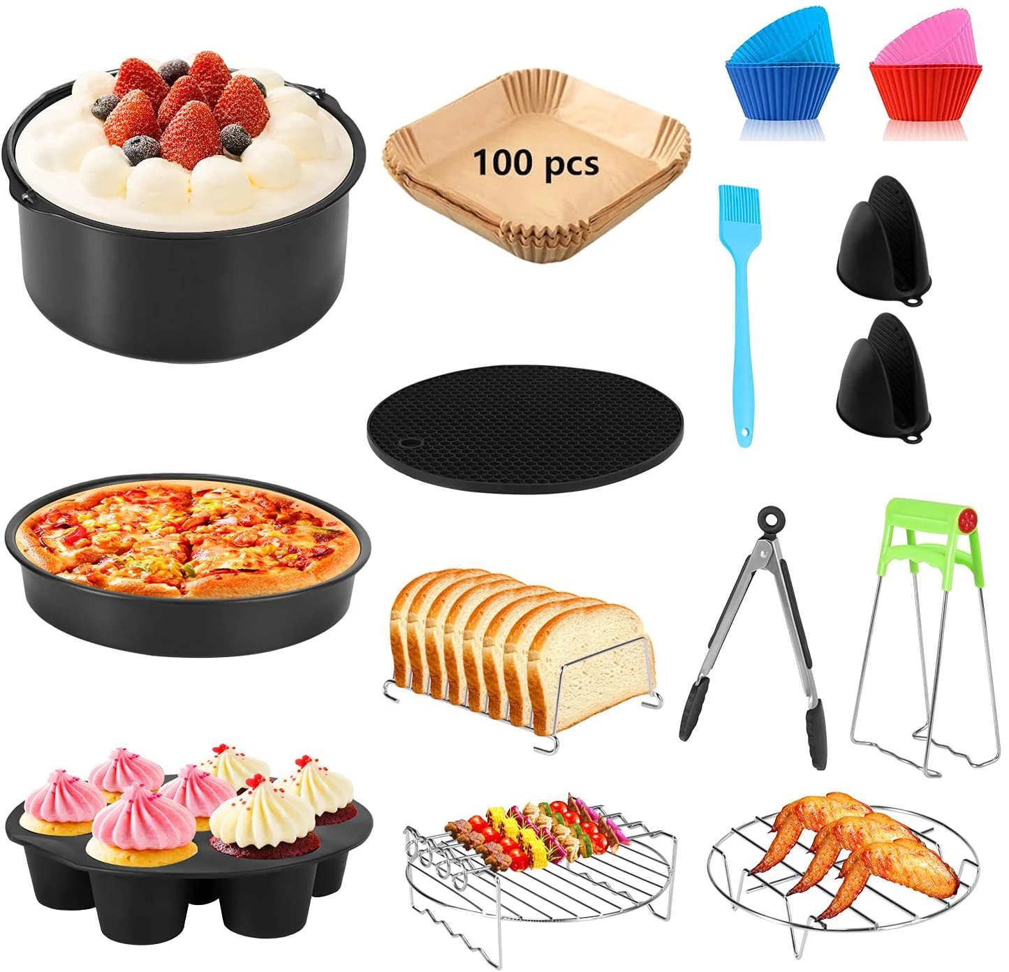 13Pcs Air Fryer Accessories Set Non-stick Safe Durable Compatible with 3.7-6.8QT Oil-free Fryer Universal Kitchen Baking Tools
