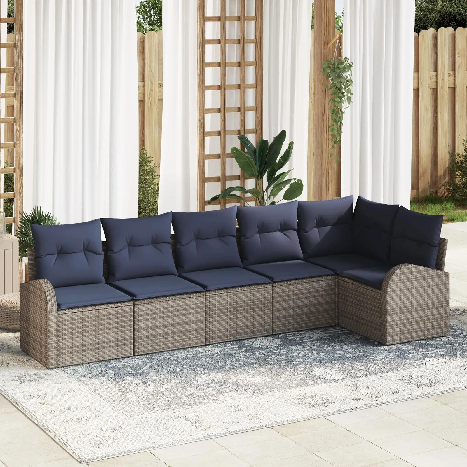 

6 Piece Light Gray Poly Rattan Garden Sofa Set with Cushions Outdoor Furniture Modern Patio Seating