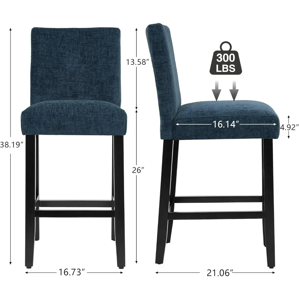 26'' Velvet Chenille Bar Stools Set of 3, Modern Upholstered Bar Height Bar Chairs, Soild Wood Legs Barstools with Back