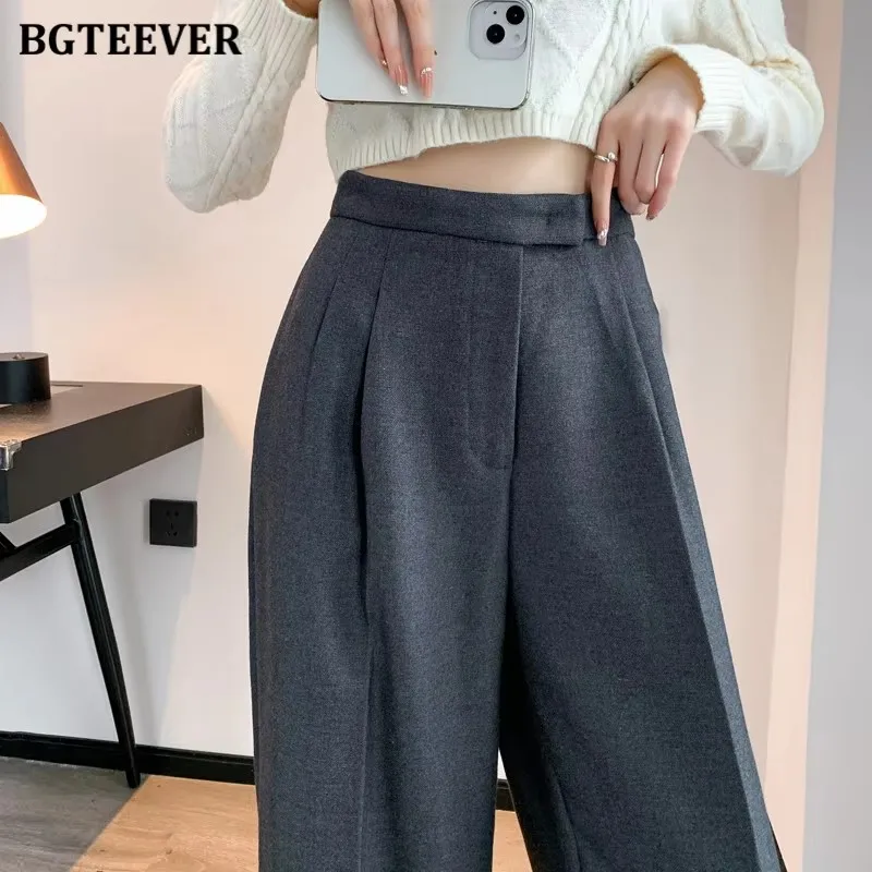 BGTEEVER stylowe kieszenie z wysokim stanem szerokie nogawki wełniane spodnie damskie jesienne zimowe luźny ciepły, długi płaszcz spodnie damskie