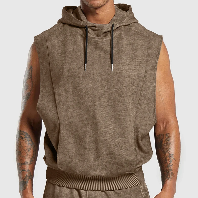 2026 New Western Style Men's Hooded Sleeveless Drawstring Solid Color All-over Print Plus Size Loose Breathable Casual Tank Top