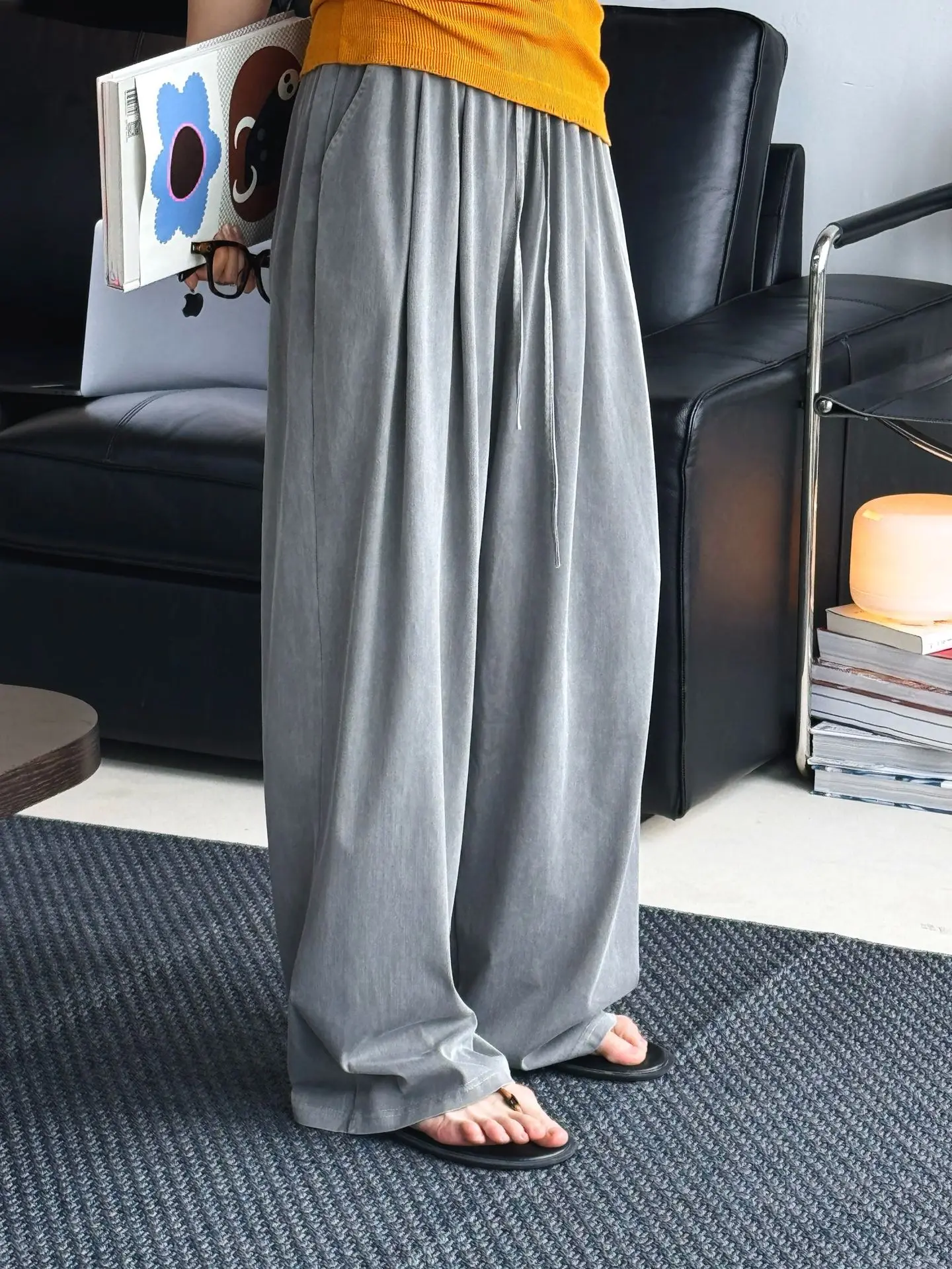 

Spring and summer women's casual solid color high waist loose wide leg pants