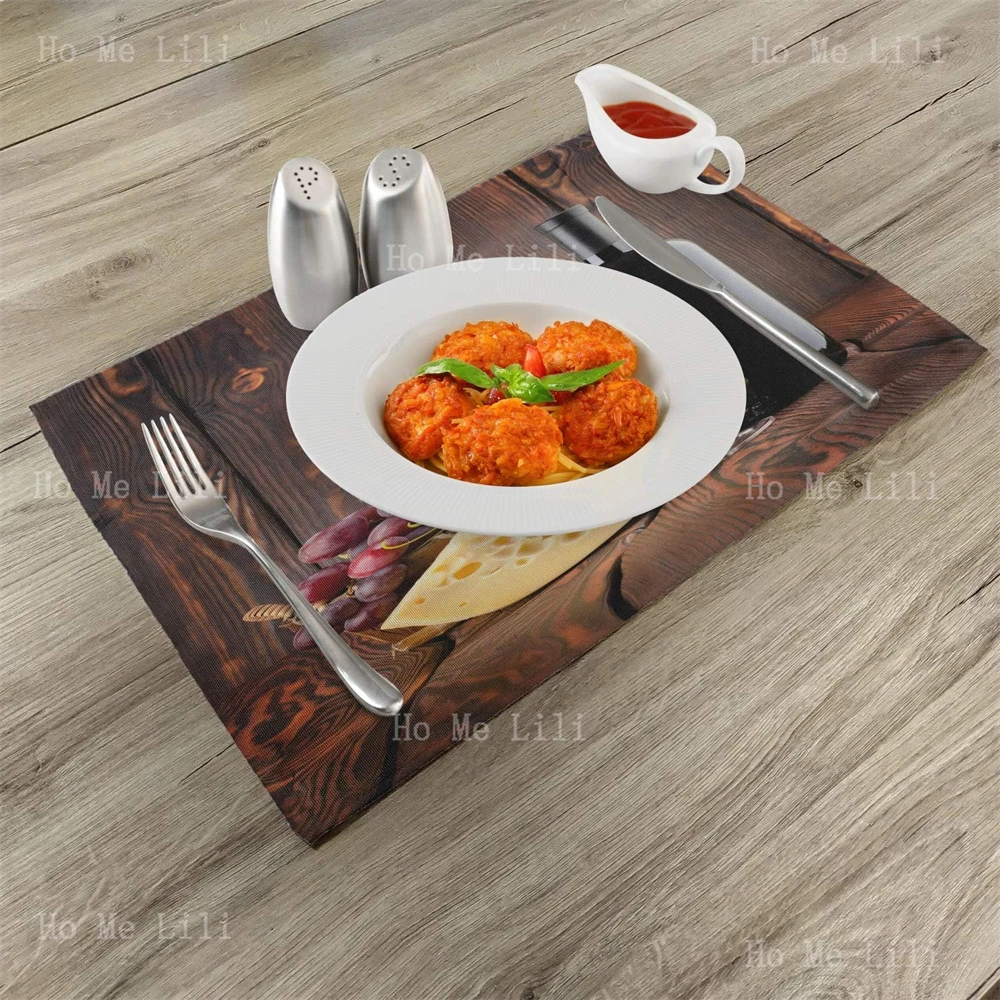 Wine Red Wine Cabernet Bottle And Glass Cheese And Grapes On Wood Planks Print Placemats For Dining Table