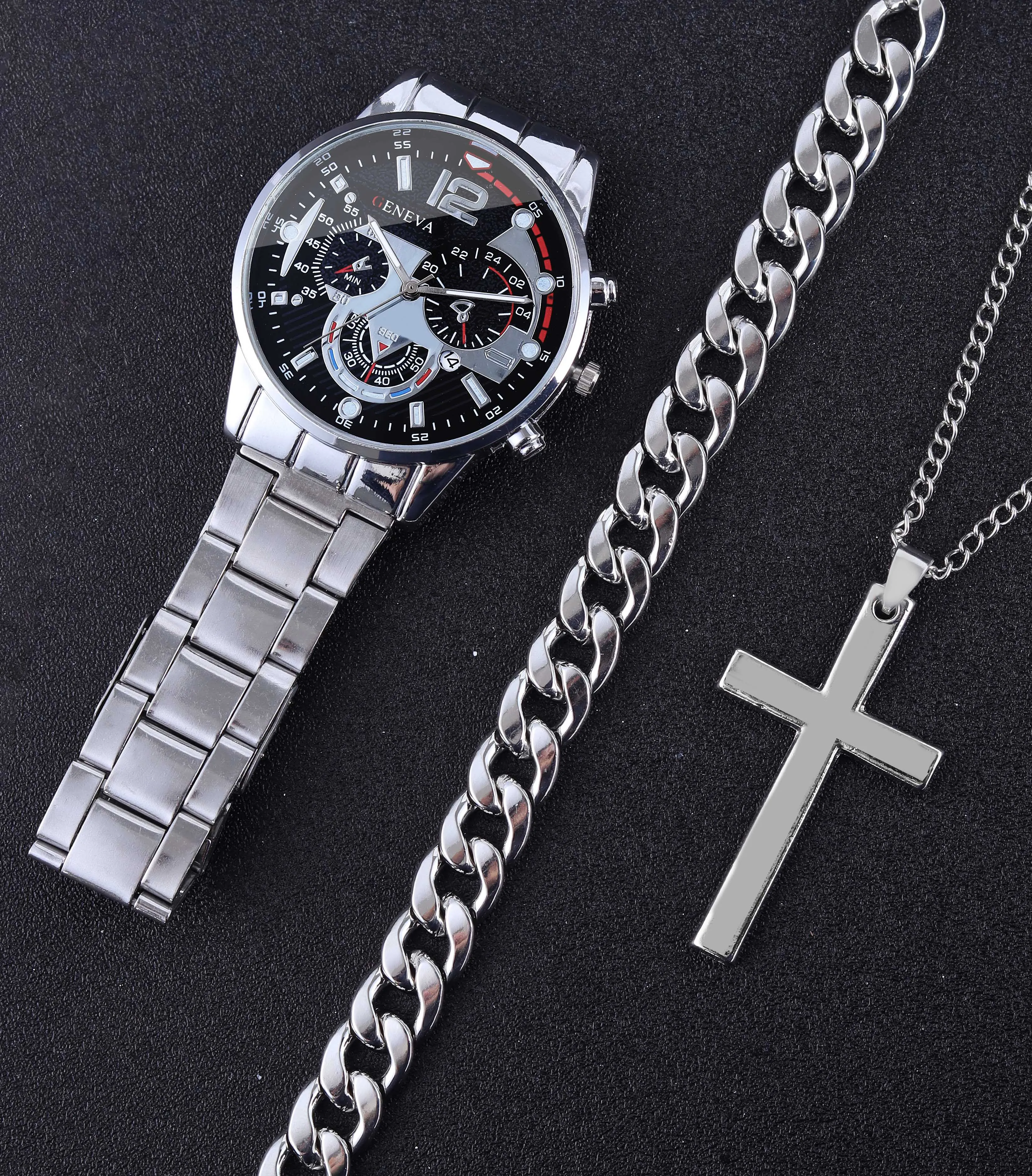 3pcs Business Style Silver White Mechanical design Men\'s alloy quartz watch with calendar and alloy necklace bracelet set