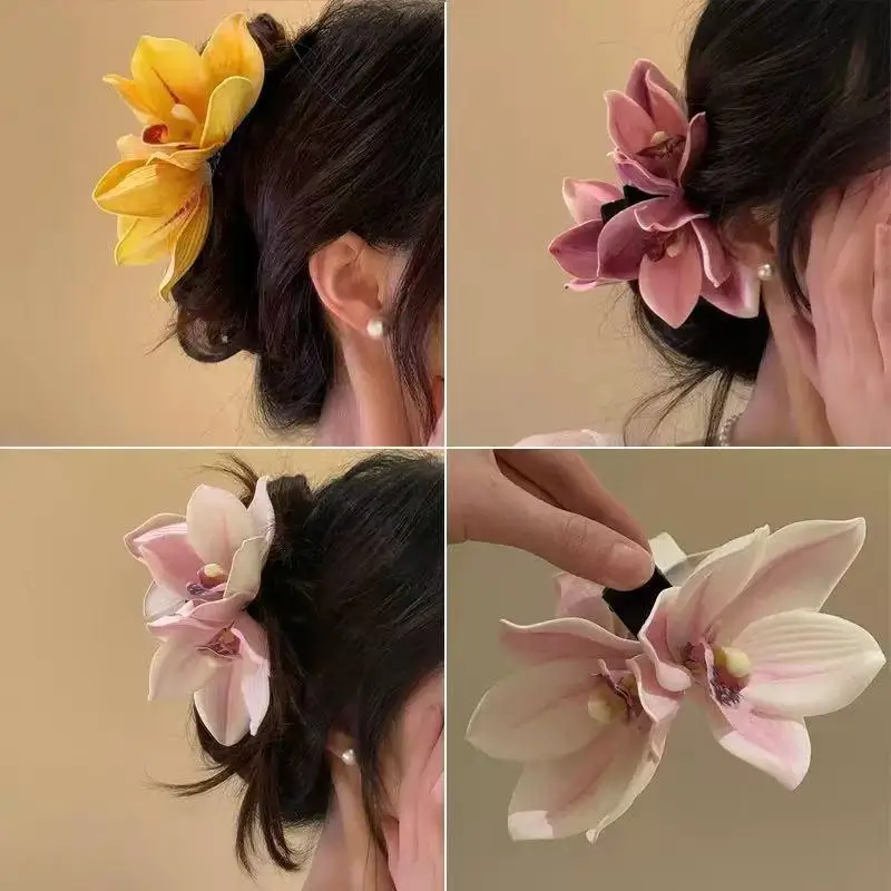 Große Orchideenblüten-Haarklammer für Damen, Hochzeit-Haarspange, Modische Mädchen-Pferdeschwanz-Haarklammer, Haarschmuck – Detail 2
