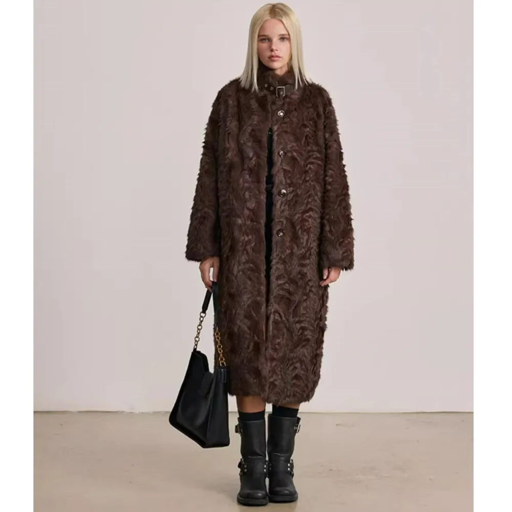 Winter Brown Curly Hairy Mink Faux Fur Coat Women Covered buttons Stand Collar Full Sleeve Below Knee Midi Long Outercoat Gray