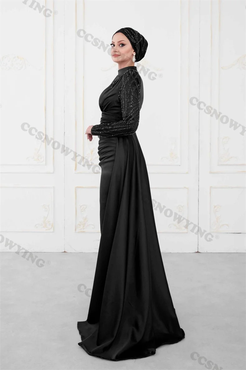 Appliques Beaded Satin Hijab Muslim Evening Dresses Islamic Long Sleeve Formal Party Gown Arabic Dubai Women Robes De Soirée