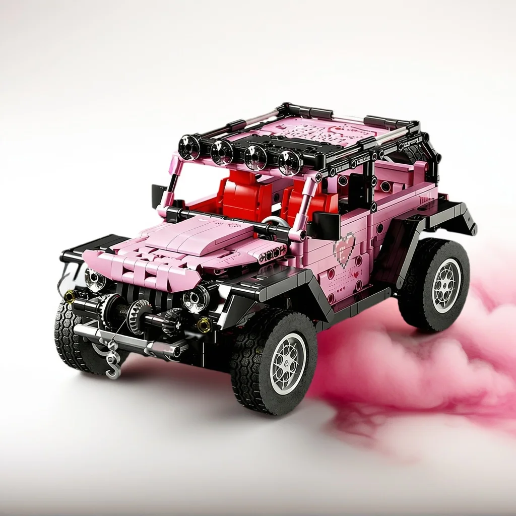 A set of over 1,000 pieces of pink off-road vehicle technical building blocks, racing car toys, featuring a suspension system.