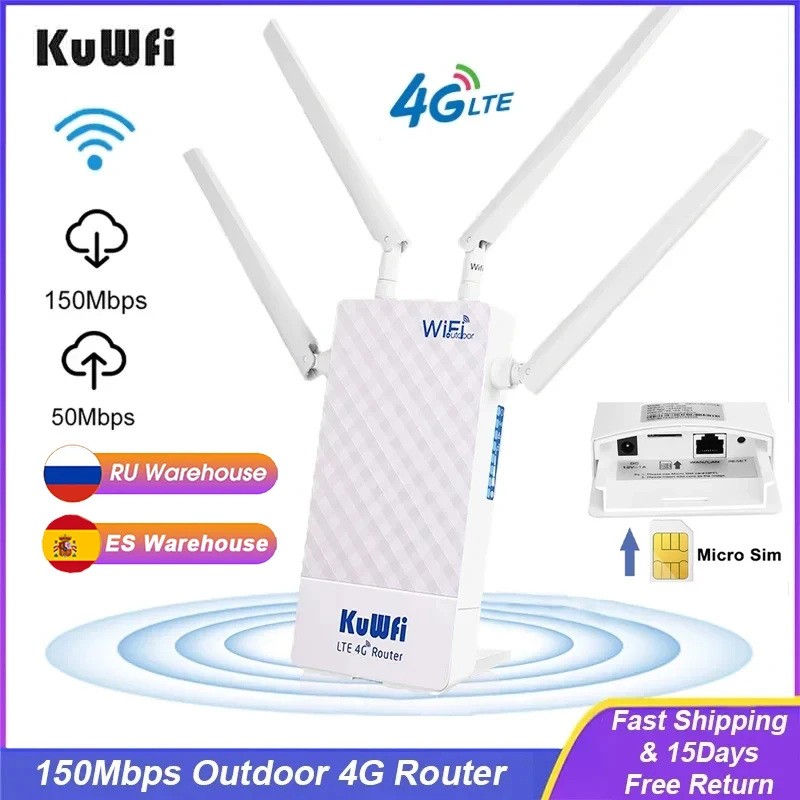 KuWFi Outdoor 4G LTE Router 150Mbps Wireless Wi-Fi Router with Sim Card Slot External Antenna IP65 Support 48V POE Switch Camera