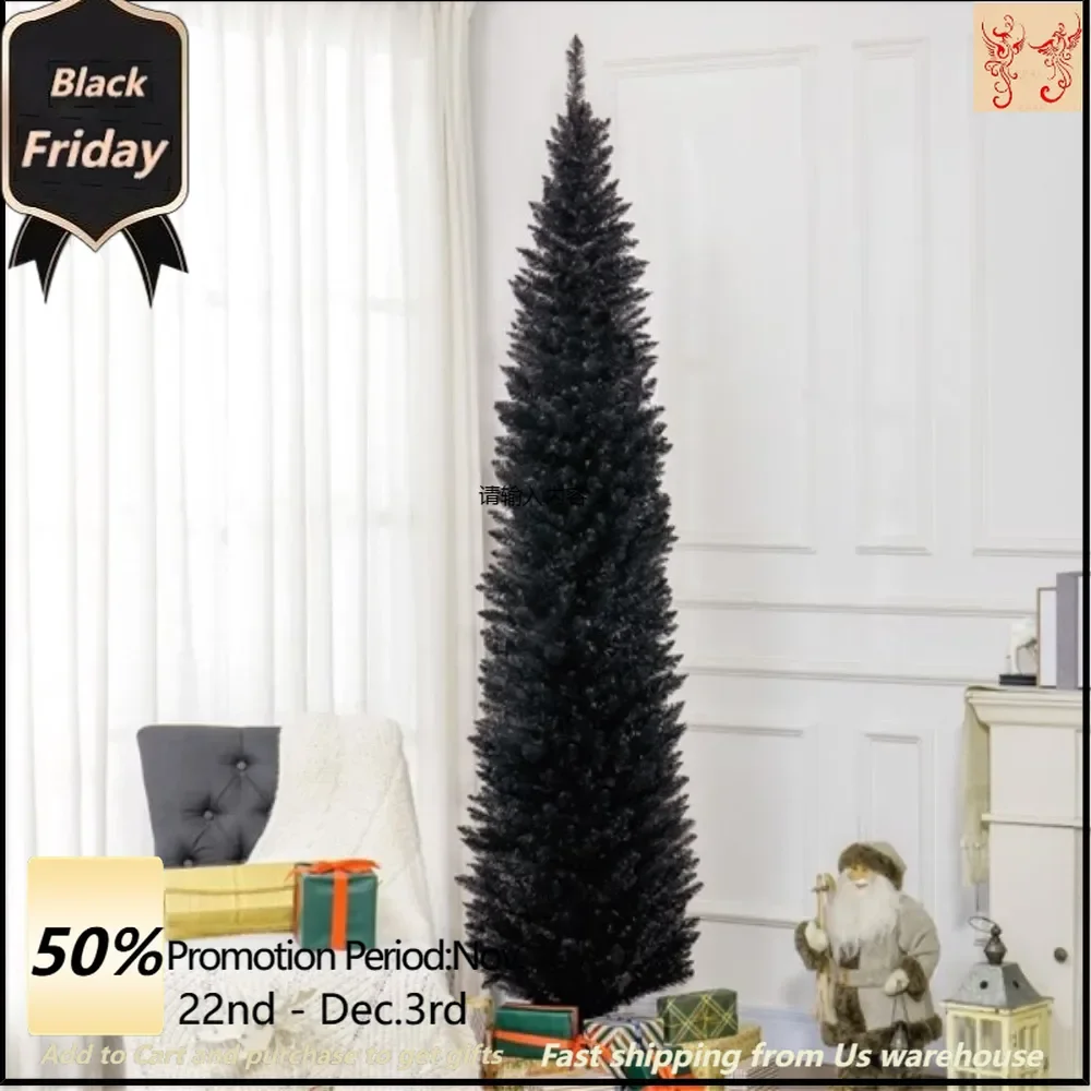 

The 8-foot-tall artificial Christmas tree comes in a slim pencil style, with 618 branches adding a lush look to the tree