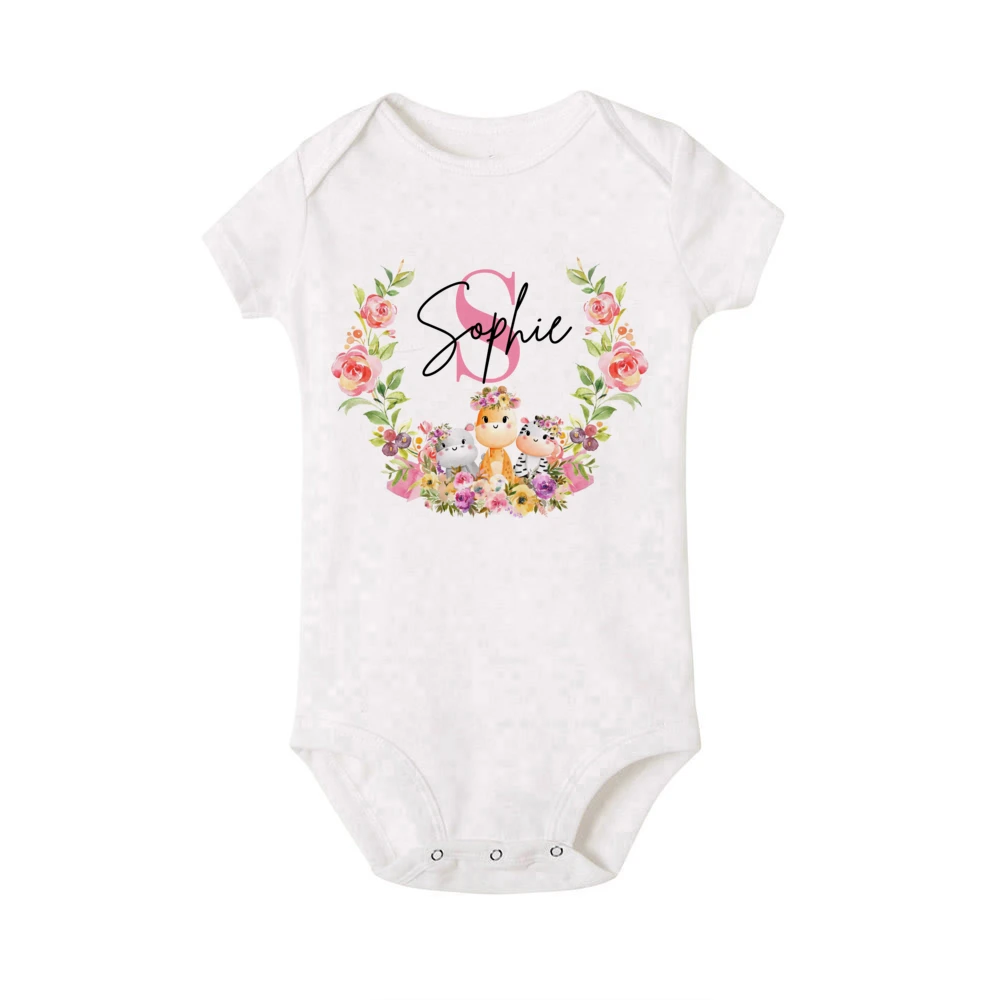 Gepersonaliseerde Baby Jumpsuit Aangepaste Naam Pasgeboren Romper Voor Meisje Schattige Dieren Gedrukt Outfit Baby Meisjes Kleding Baby Douche Cadeau