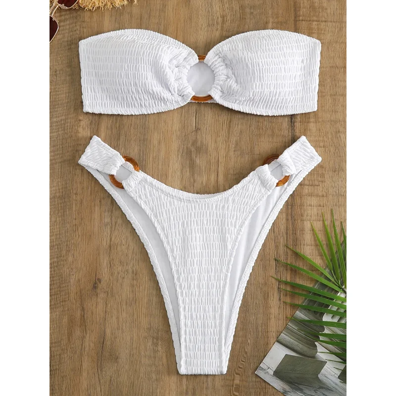 Ring Link Bandeau Bikini 2023 Women Brazilian Swimwear Female Sexy Swimsuit Solid Beachwear Bathers Bathing Swimming Swim Suit