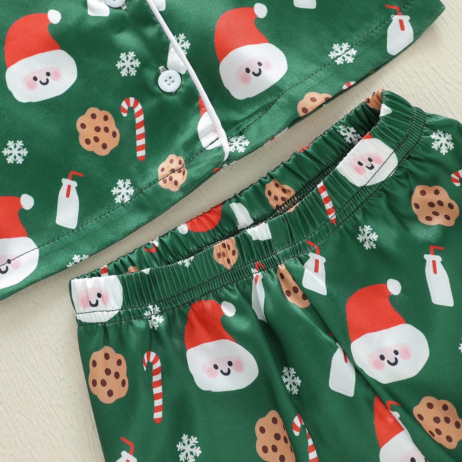 1-7Y Kid Christmas Satin Pajamas Set Santa Print Long Sleeve Lapel Button Down Tops with Pants Sleepwear