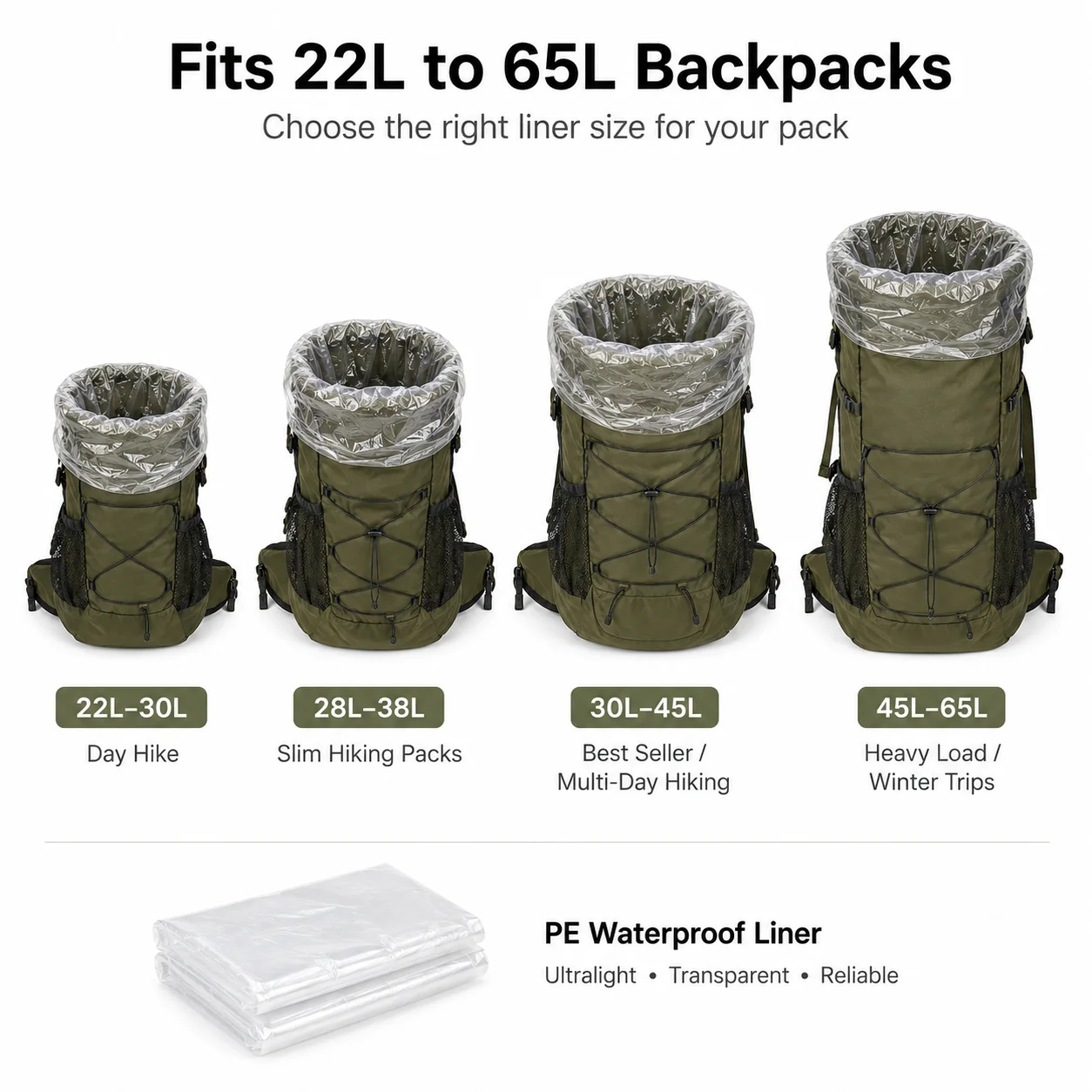 Picture 6: UL Backpacking PE Waterproof Liner Ultralight Backpack Liner Transparent Inner Storage Bag for Hiking Camping Gear Protection