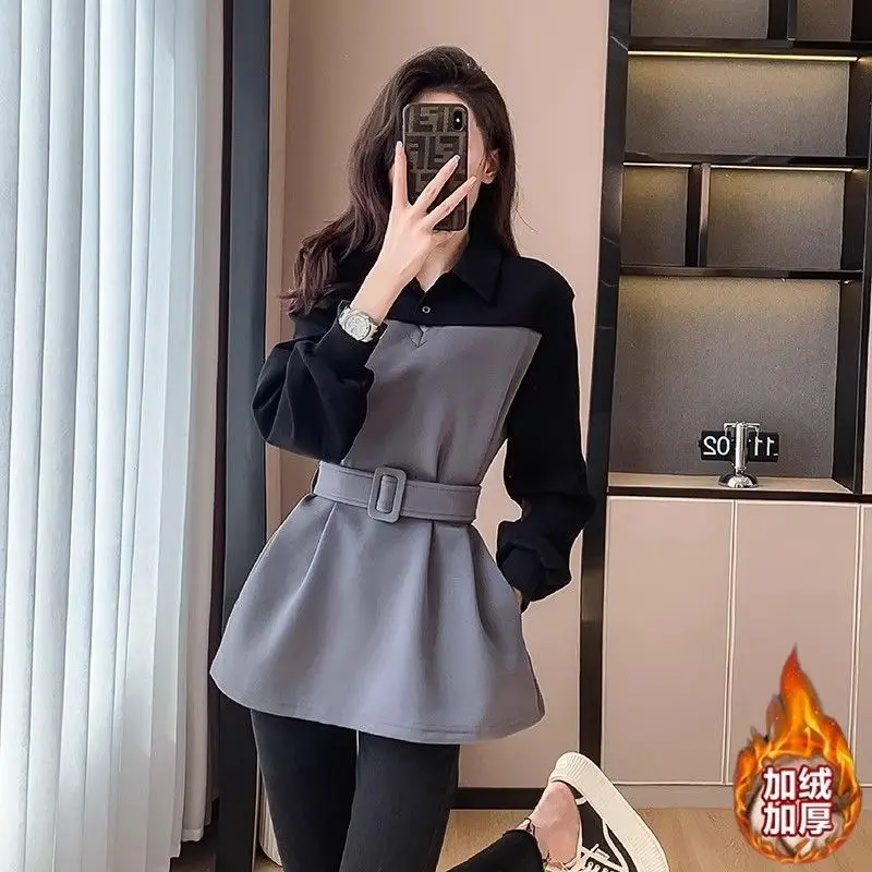 Plush and Thickened Women's Sweater New Fashion Fake Two Piece Women's TopAutumn and Winter Fit Fake Two Jackets Korean Fashion