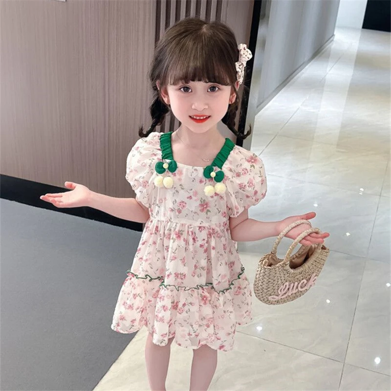 1 Piece Middle Small Children's Summer Thin Dress Girls Sweet Cute Foreign Flavor Dresses Puff Sleeve Floral Girls Dress