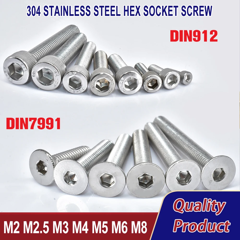 304 Stainless Steel Hex Socket Screw DIN912 Hexagon Allen Bolt Metal Machine Screws DIN7991 A2 Screws M2 M2.5 M3 M4 M5 M6 M8