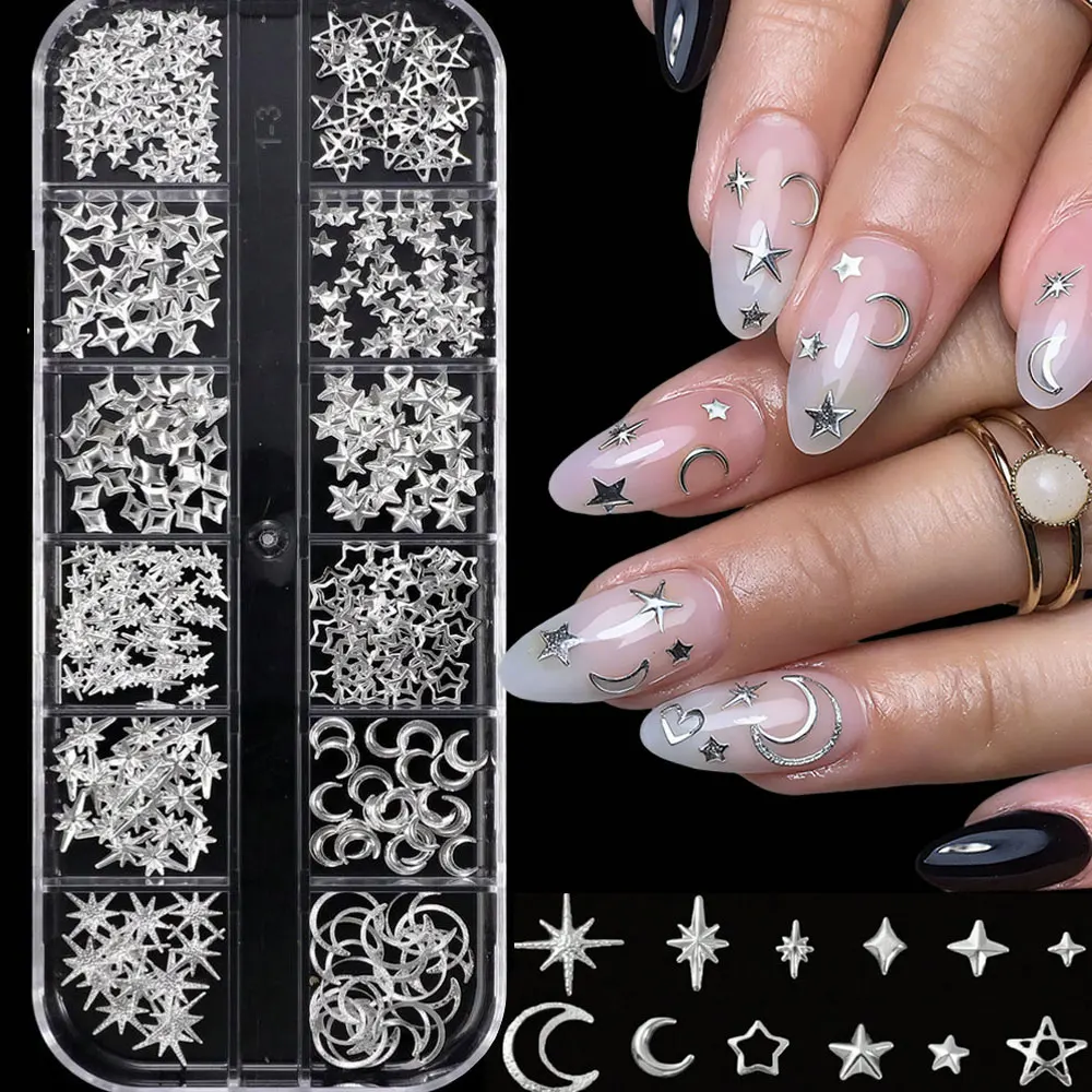 12grid Y2k Metal Silver Moon Stars Nail Rivets Studs 3D Metal Starlight Nails Design Rhinestones FlatBack Manicure Decoration E2