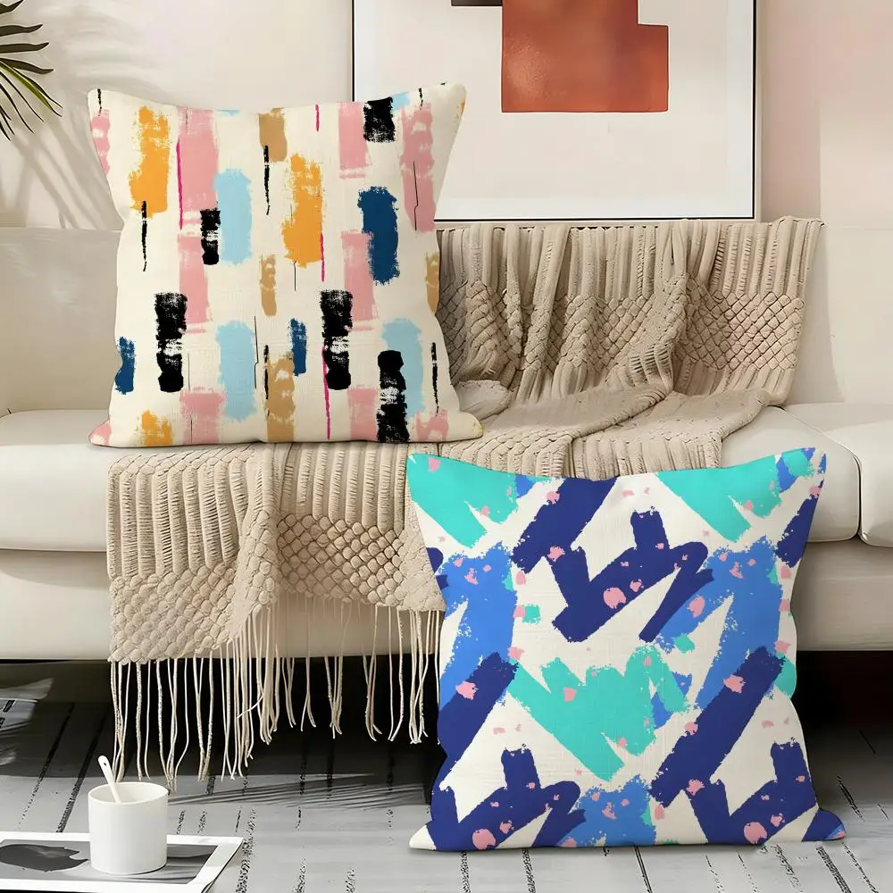Abstract Brush Stroke Prints Cushion Cover Natural Linen Organic Fabric Double-Sided Printing Sofa Home Decor Gift Pillow Cover