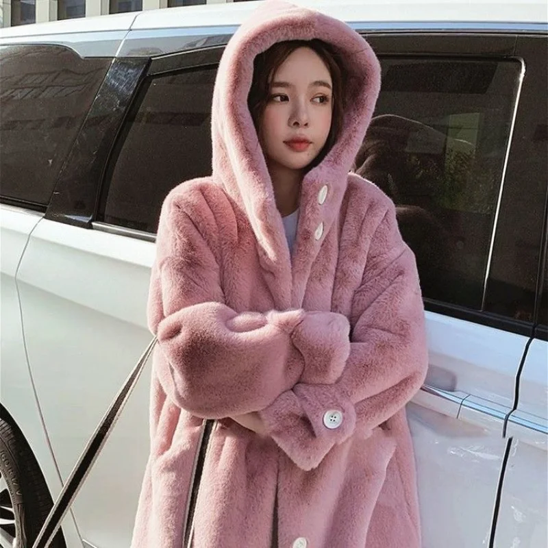 Winter Mink Fur Hooded Mid-length New and Cotton Thickened Imitation Fur for Women Mink Fur Plus Size Loose Coat Comfortable