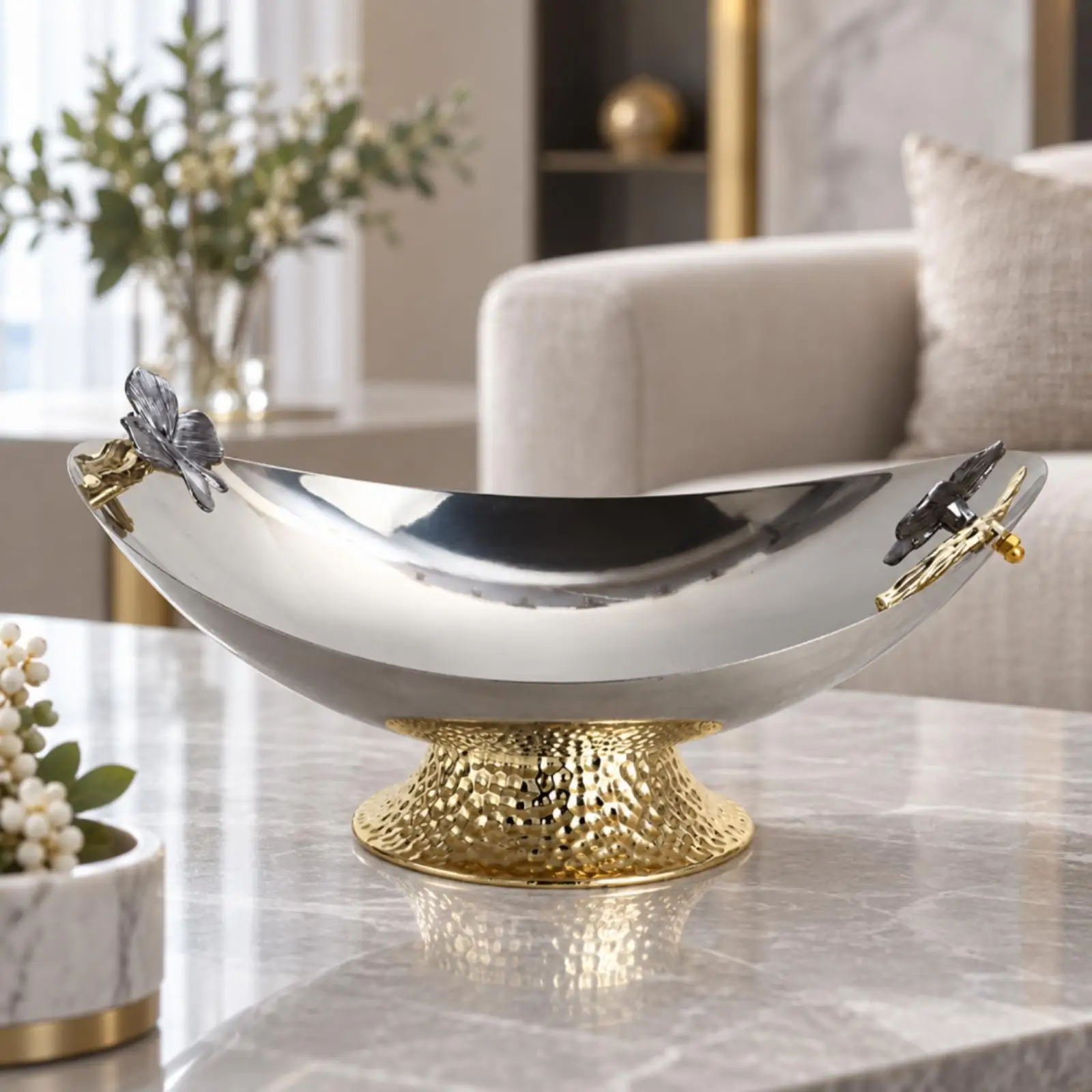 Decorative Fruit Tray Elegant Pedestal Serving Tray with Butterfly Accents Hammered Gold Pedestal Fruit Bowl Shiny Finish