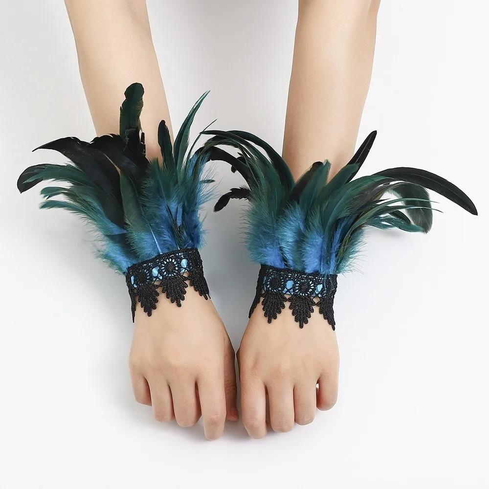 Black Lace Fluffy Feather Wrist Cuffs Lightweight Adjustable Halloween Arm Cuff Gloves Gothic Chic Plume Bracelet Bar Stage Show
