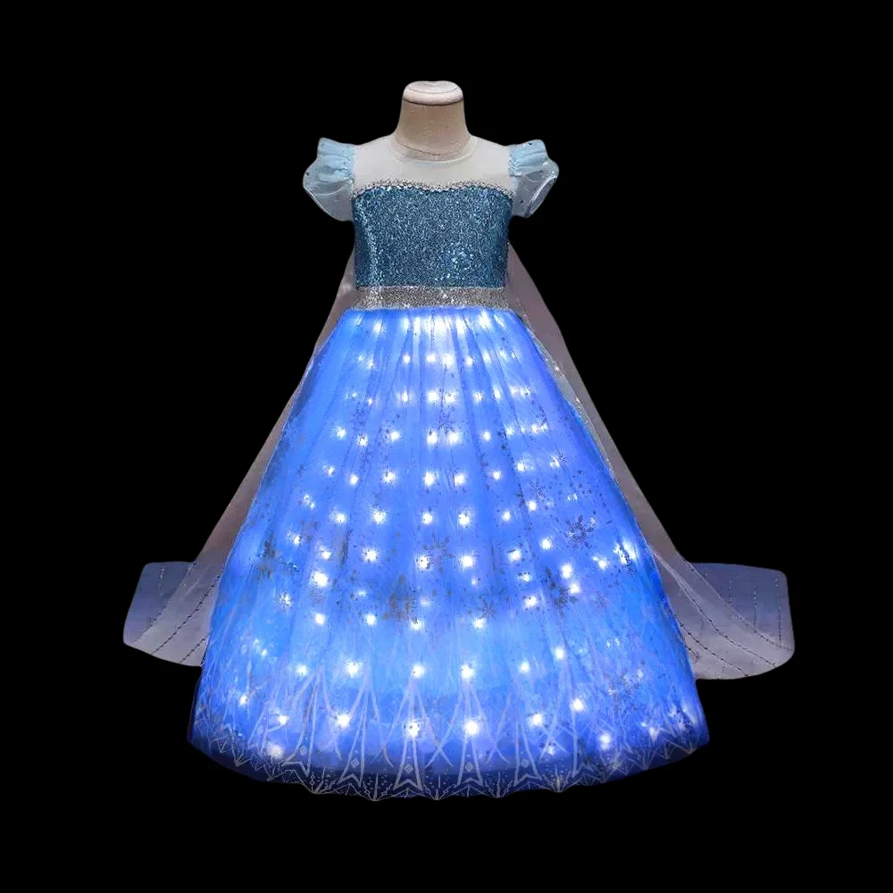 Uporpor Frozen Princess Elsa LED Light Up Dress for Girls Kids Cosplay Party Clothes Snow Queen Carnival Christmas Prom Gown