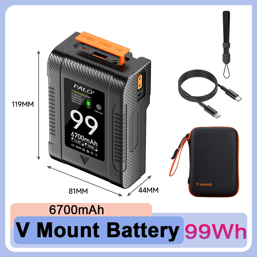 PALO 6700mAh BP-99W-C V-Lock V Mount Battery for Canon R5C 4K 60P BMPCC 6K Pro4K 60P Recording iphone 15 Pro Charge until fully