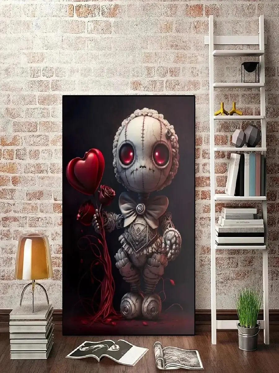 فن جداري رومانسي لعيد الحب ، لوحة قماشية بدمية عيد الميلاد مع بالونات حمراء وزهور ، فودو تجريدي ، ملصق مثالي