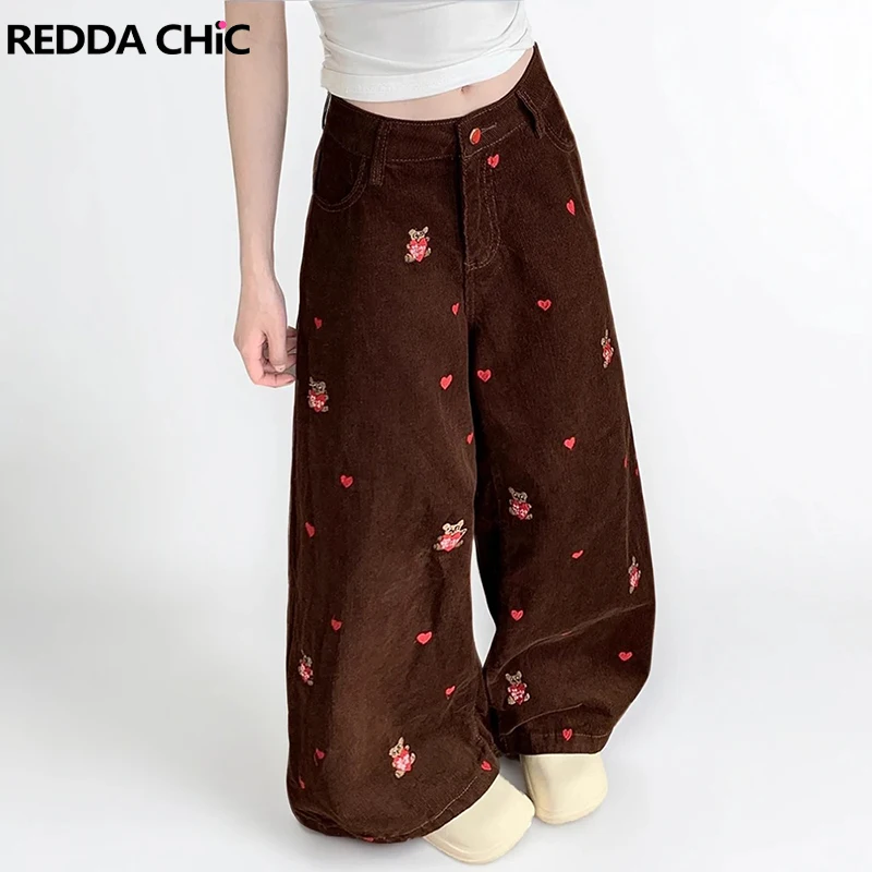 

REDDACHiC Kawaii Bear Embroidery Corduroy Pants Retro Brown Relaxed Straight Wide Leg Casual Trousers Korean Women Everyday Wear