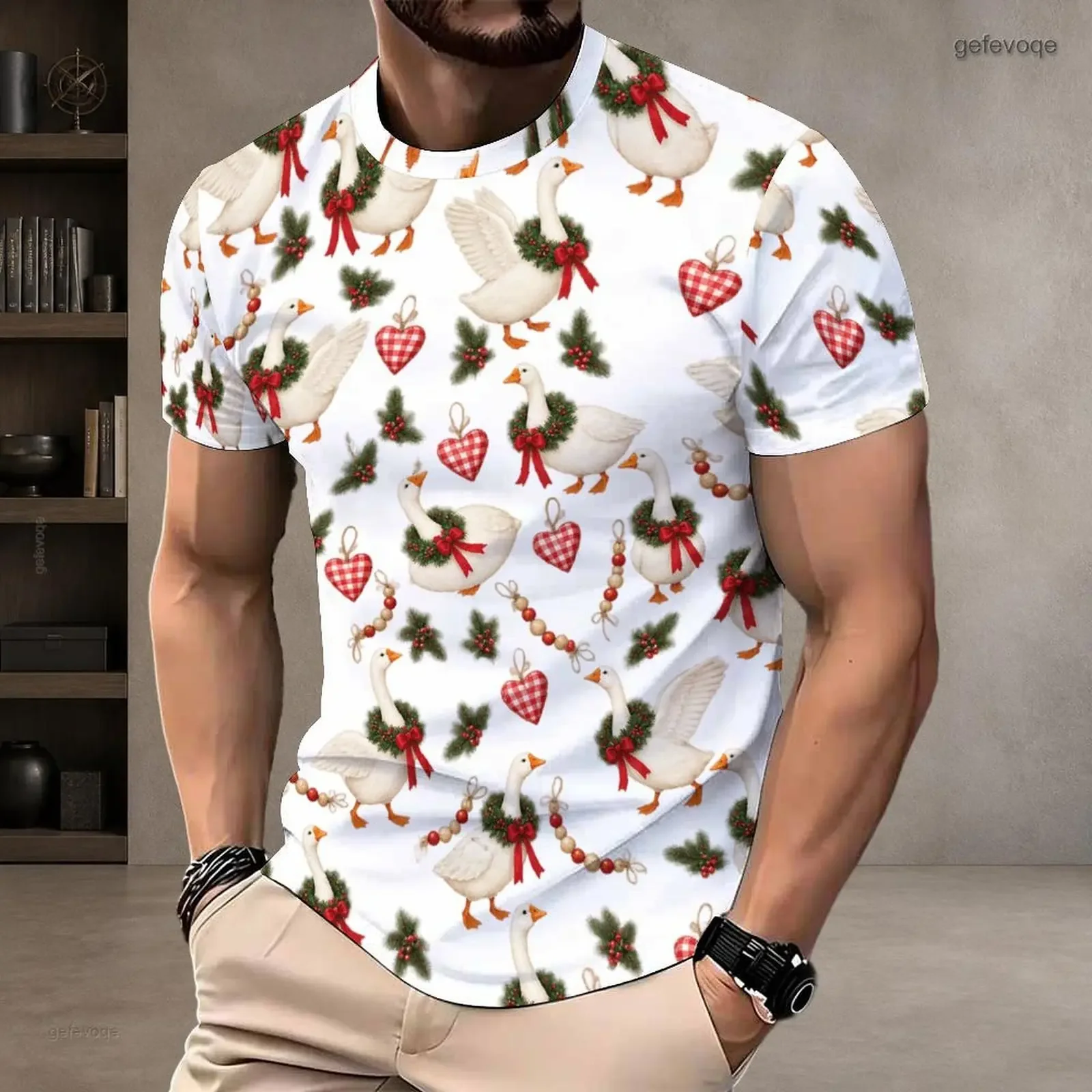 Christmas Highland Cow Full Print T-shirt Unisex Xmas Pine Cone Berry Tree Ornament Casual Holiday Streetwear Tops for Men Women