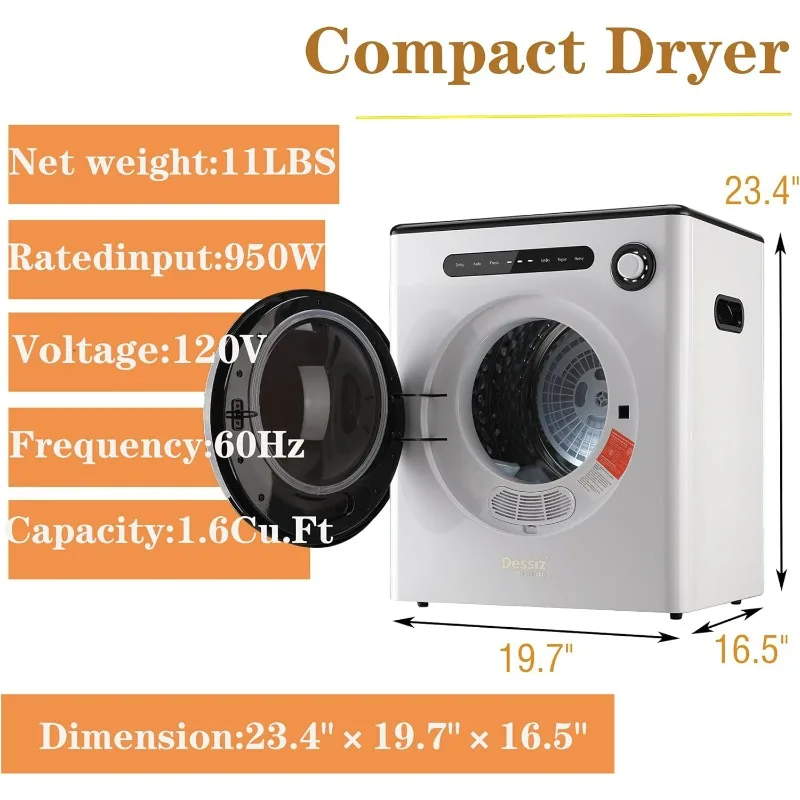 110V Portable Clothes Dryers 950W Compact Dryer 1.6cu.ft Front Load Stainless Steel 11lbs Electric Dryers Machine for Apartment