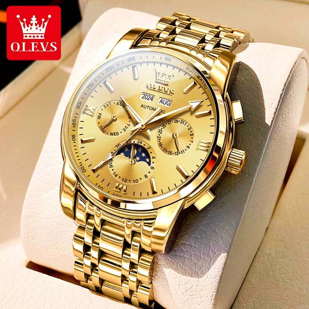 Mans Wrist Watch OLVES 6633 Multifunctional Automatic Mechanical Watches For man Stainless Steel Strap Gold Date Week Waterproof