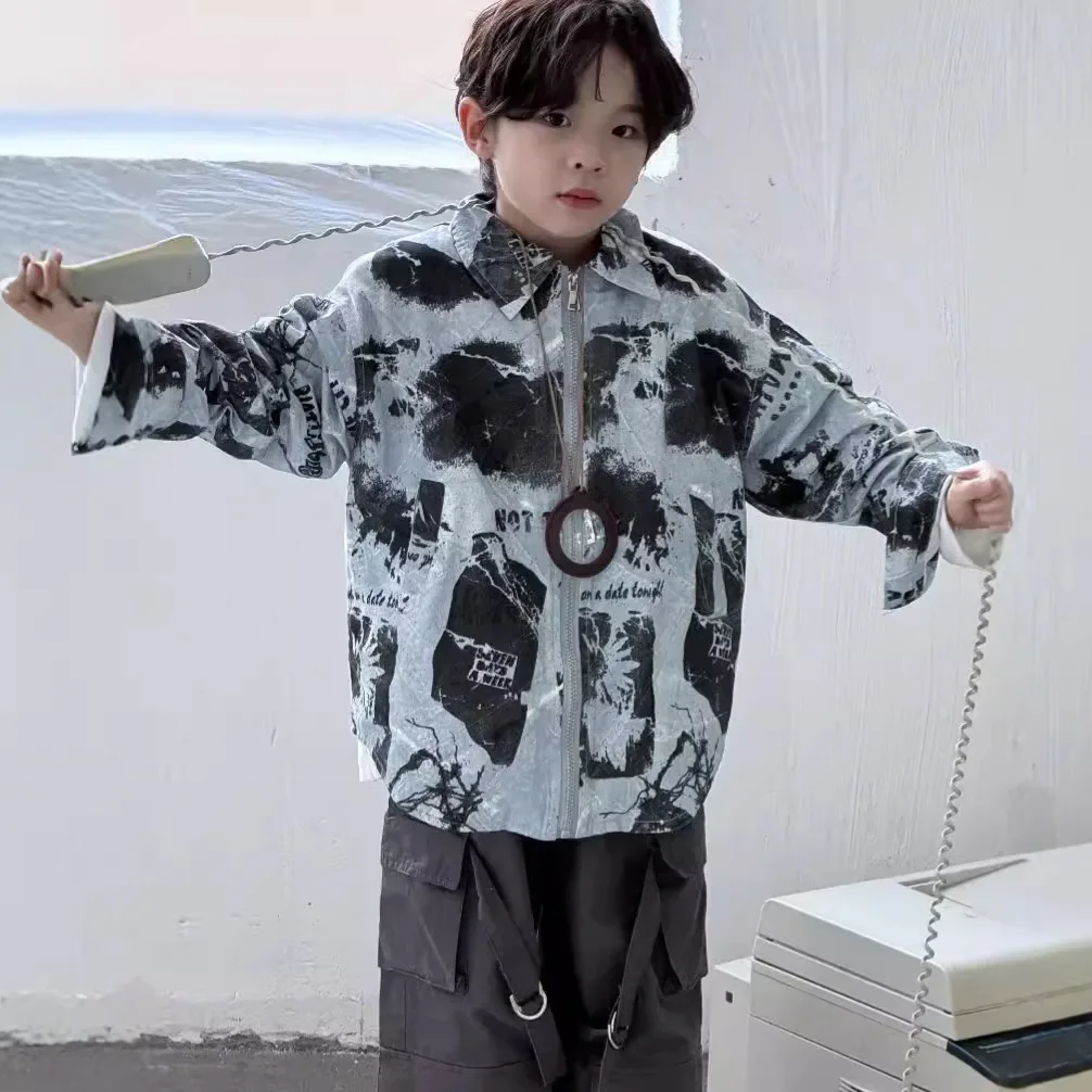 Children Clothes Boys Handsome Shirt Coat 2024 New Autumn Printed Blue Cotton Zipper Fashionable Casual Long-sleeved Shirt