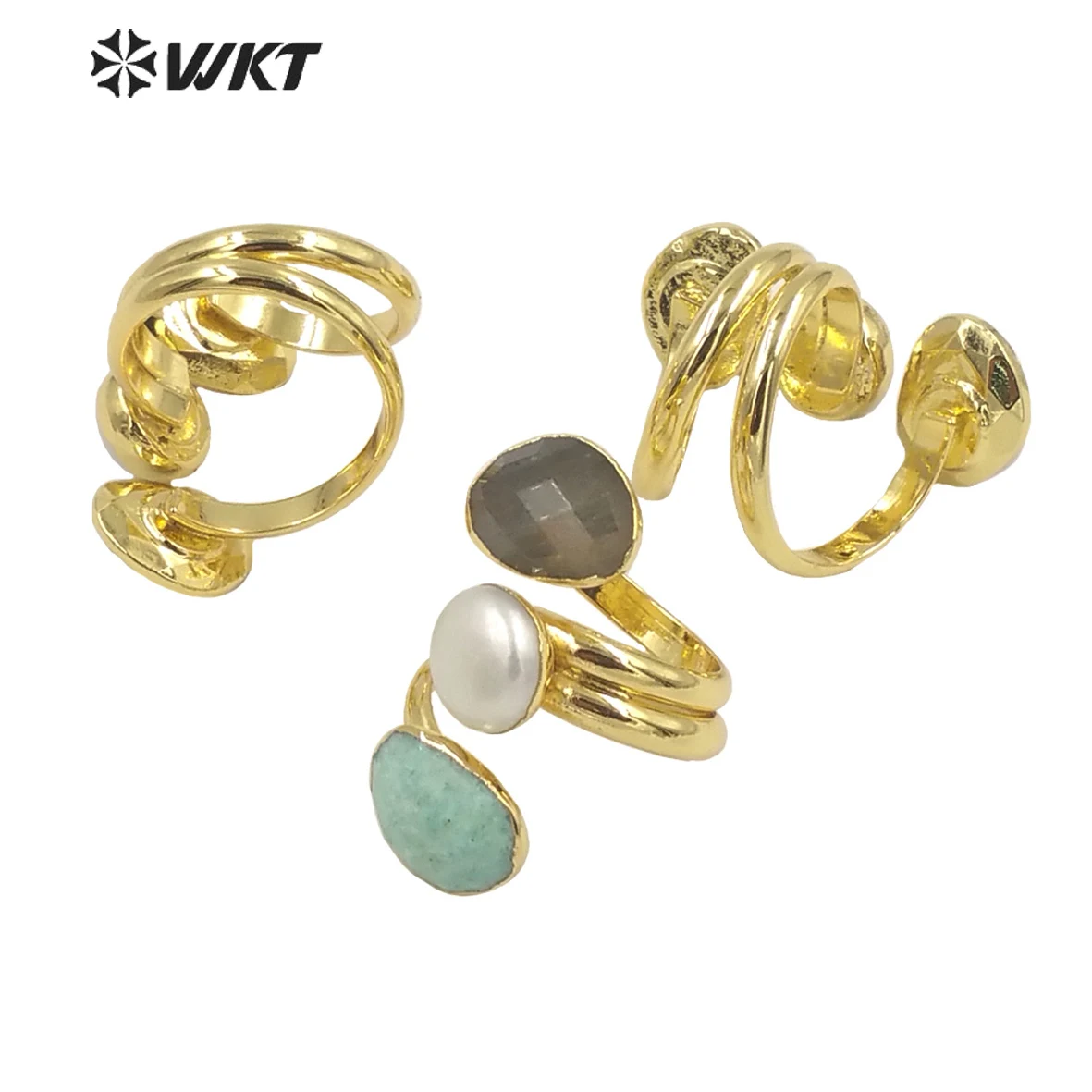 WT-R407   WKT 2022 Fashion Rings Natural Amazonite&Labradorite&Sun Stone&Pearl Rings Adjustable For Wedding Party Rings Jewelry