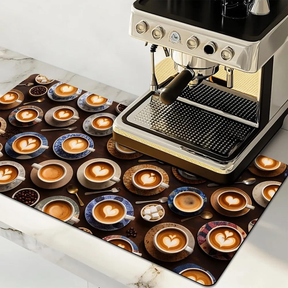Espresso Machine Mat Top View Coffee Cups Collage Printed Absorbent Pad Blue Porcelain Saucers Sugar Cubes for Countertop