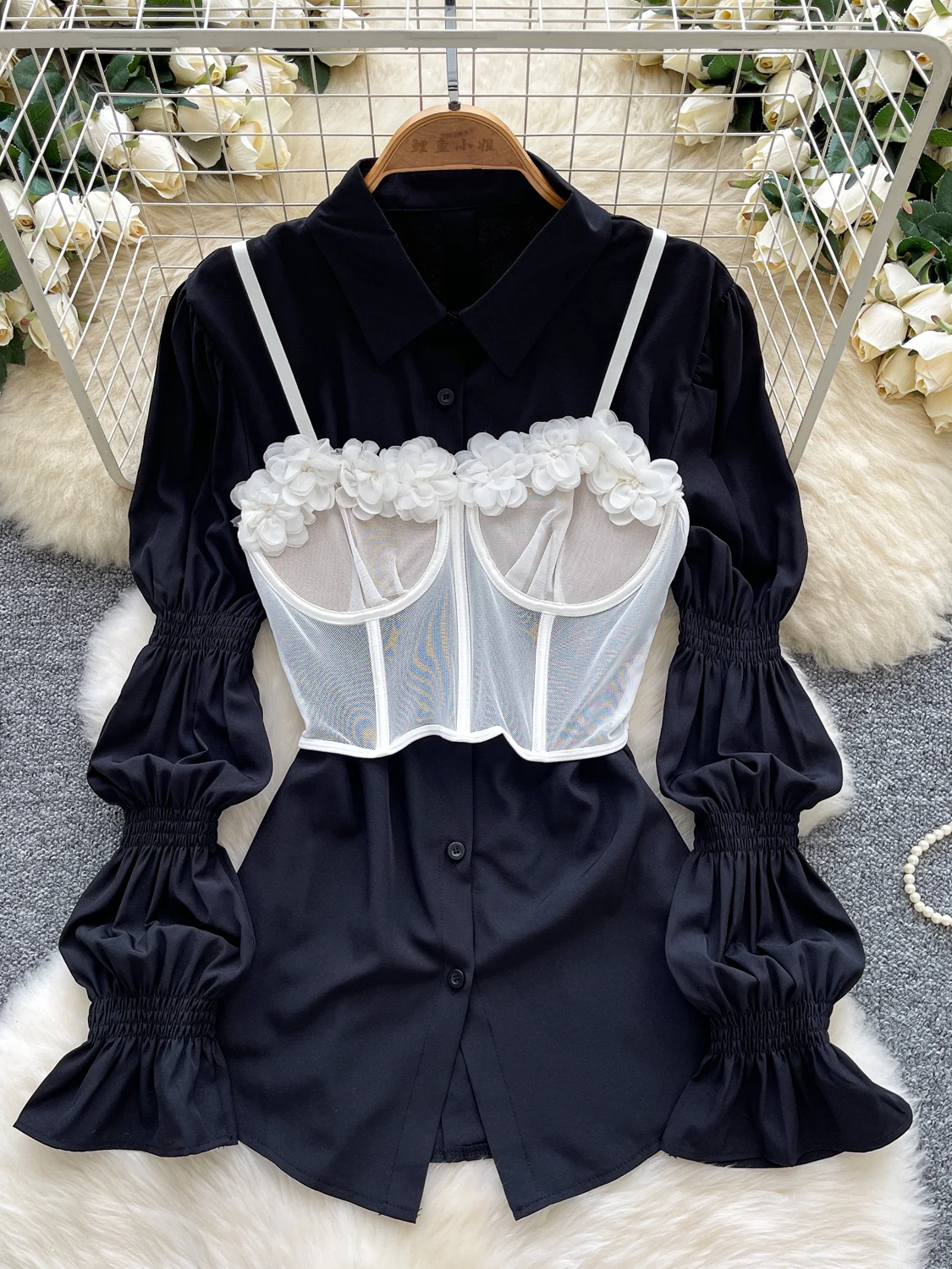 

Корейский женский свободный кружевной жилет Bubble Sve Pure Desire с 3D цветочным принтом Csole Top размера плюс Long Sve irt