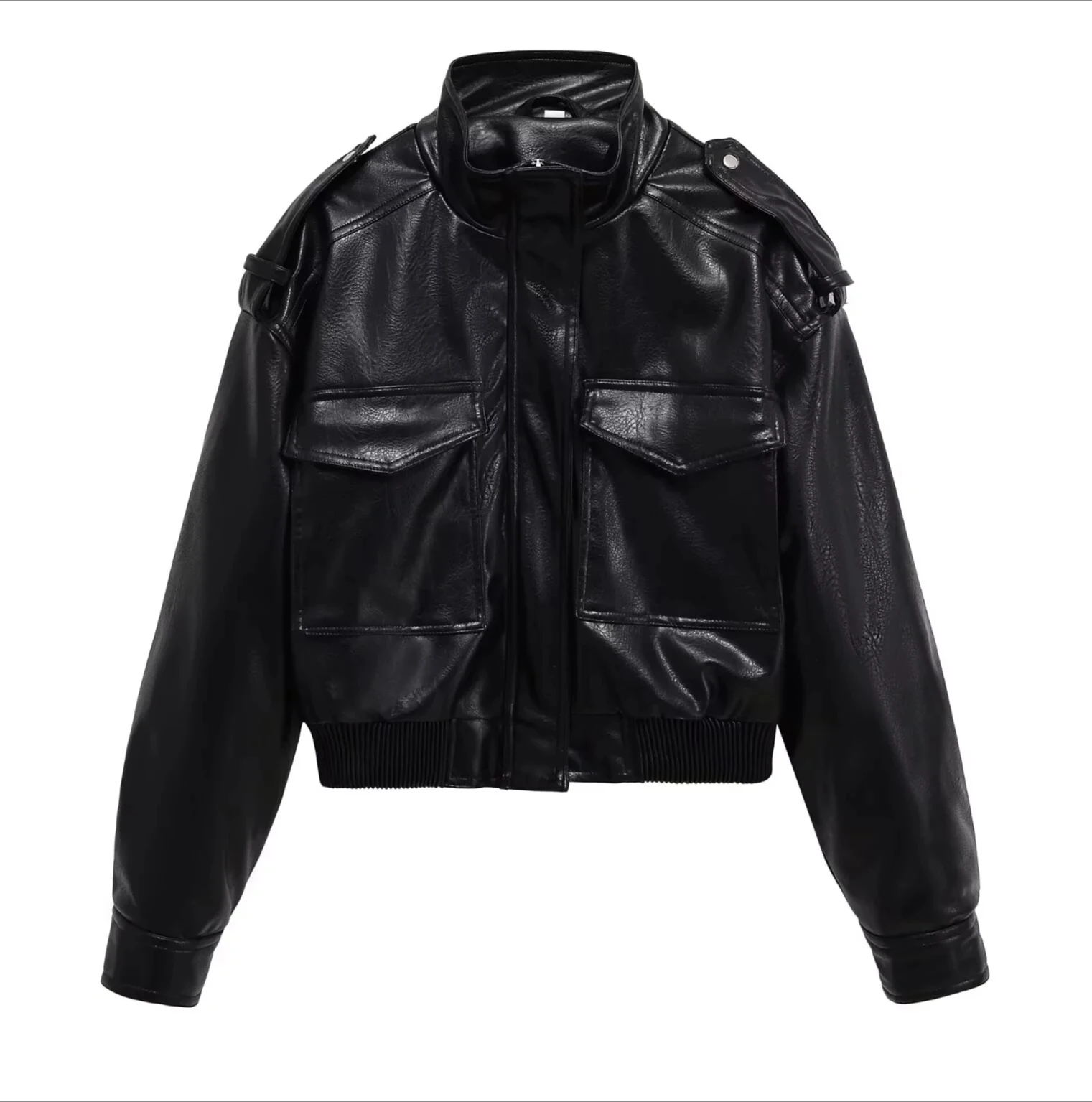 سترة نسائية جديدة بجيب كبير وسحاب وياقة واقفة من الجلد المقلد فضفاضة بأكمام طويلة