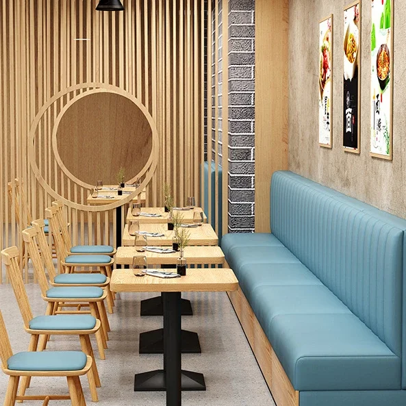 Low price western fast food restaurant noodle shop snack milk tea hotel wall booth  soft sofa solid wood table and chair set