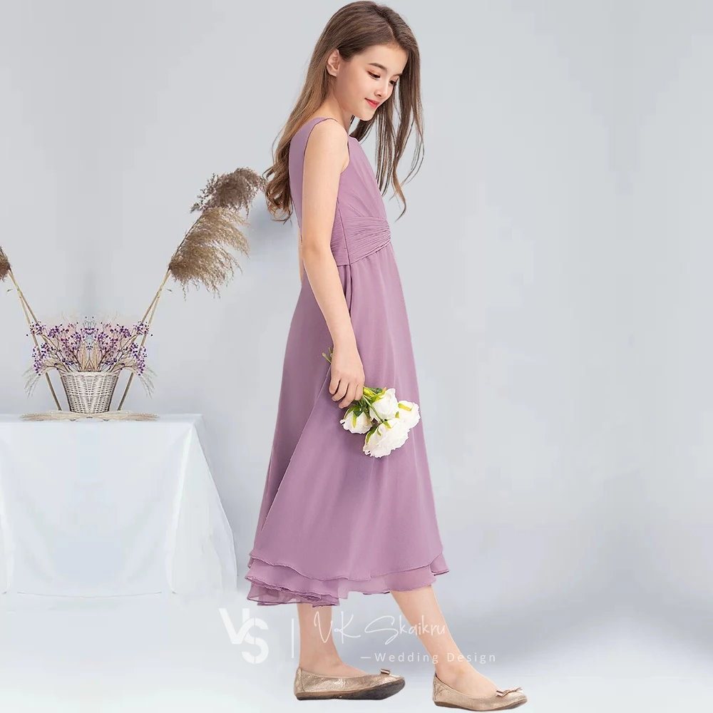 UYI Kids A-line Square Tea-Length Chiffon Junior Bridesmaid Dress With Bow Blue Flower Girl Dress Bridesmaid Little Girl Dress