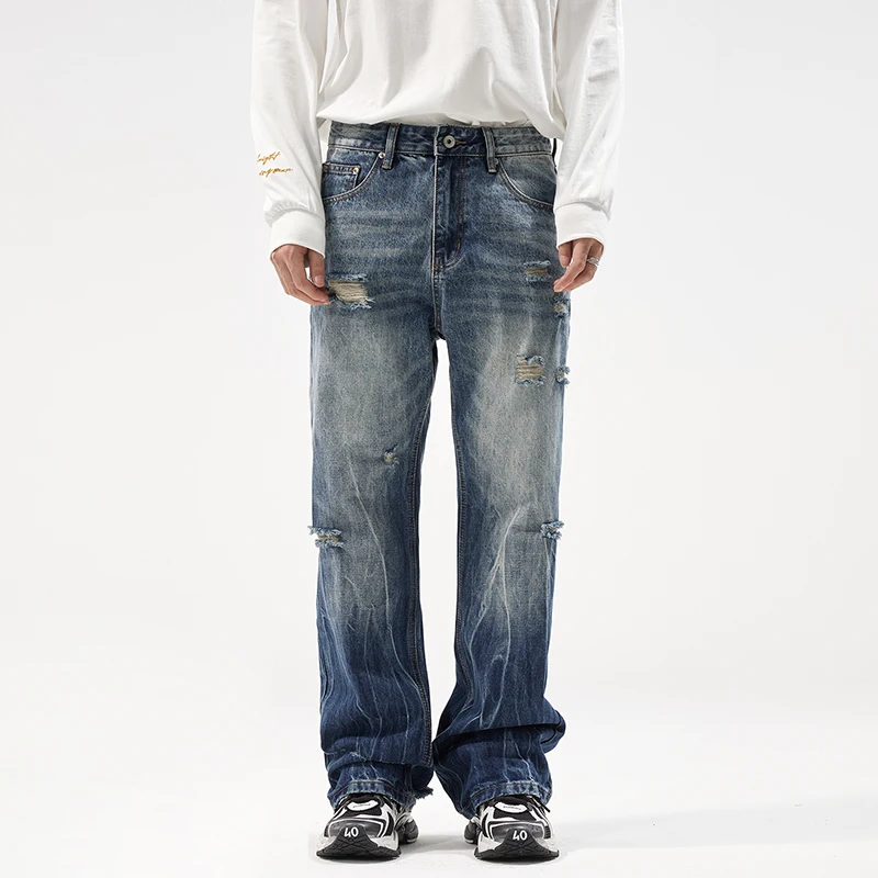 2026 New Retro Ripped Lightning Pattern Men's Jeans Trendy High Street Style Denim Pants Slightly Flared Trousers