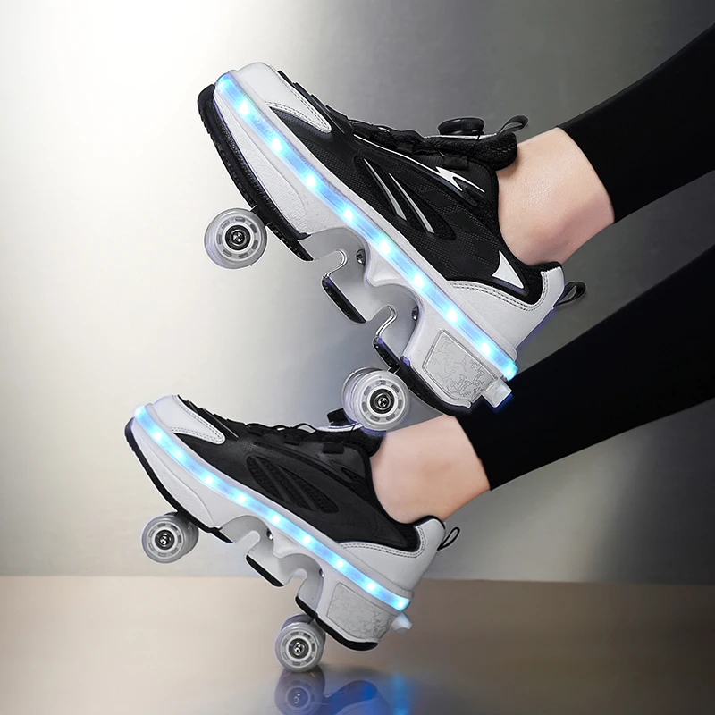 2025 أربع عجلات Led مضيئة زلاجات دوارة أربع عجلات قابل للسحب للأطفال زلاجات دوارة مقاوم للماء أحذية رياضية مضيئة