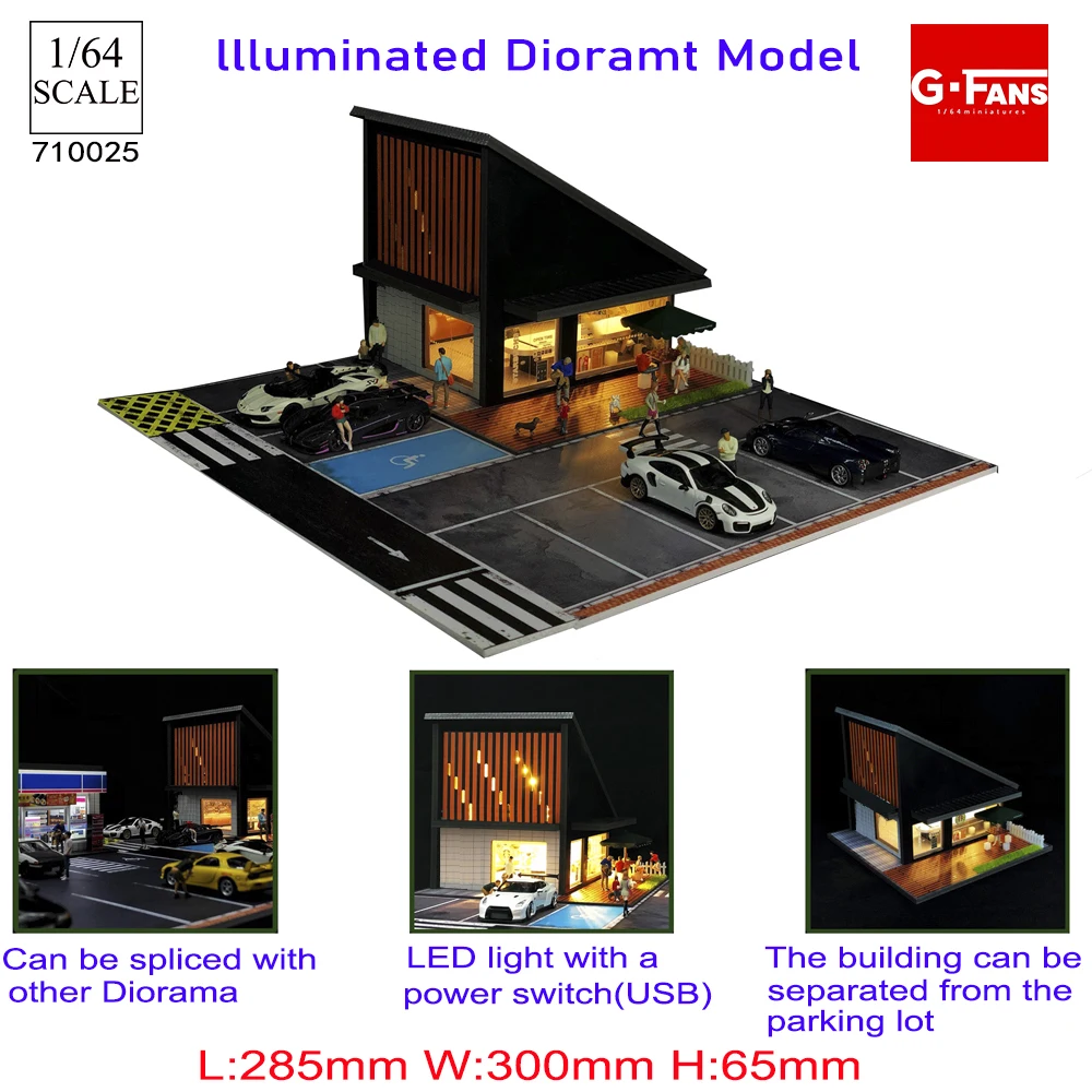 1:64 LED Light Up Car Garage Diorama Model Kit with Parking Lot City Backdrop Scene DIY Display Set for Toy Car Garage Diorama