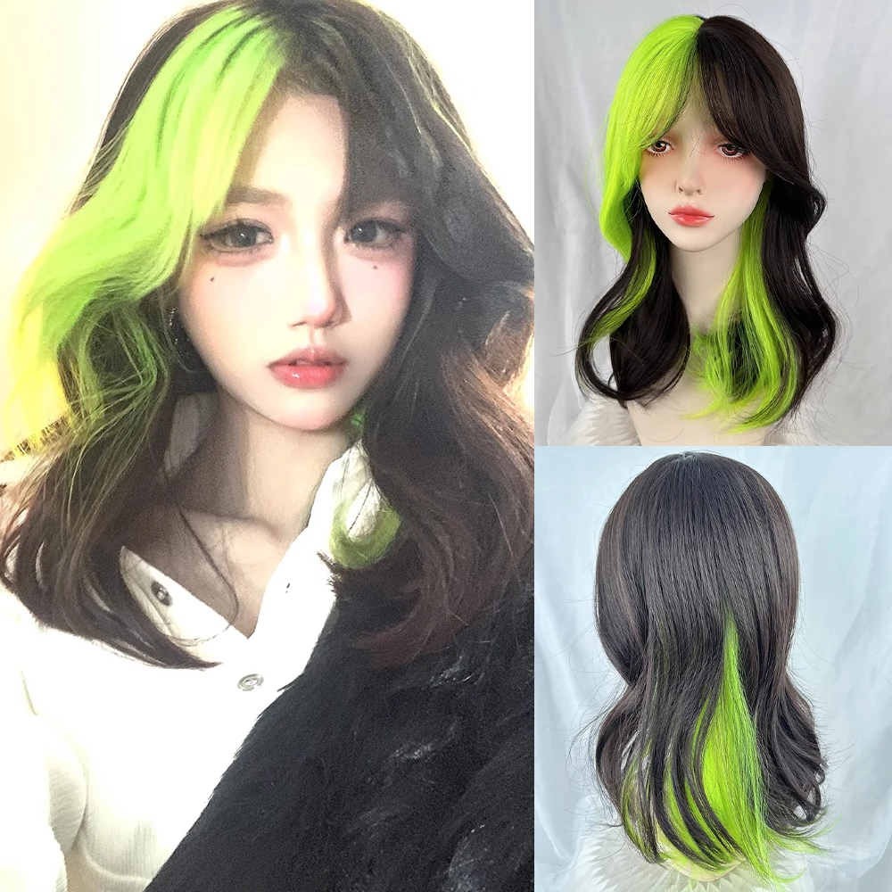 

VICWIG Ombre Black Green Highlights Wavy Synthetic Wig with Bangs Fluffy Women Wig Hair Wig for Daily Party