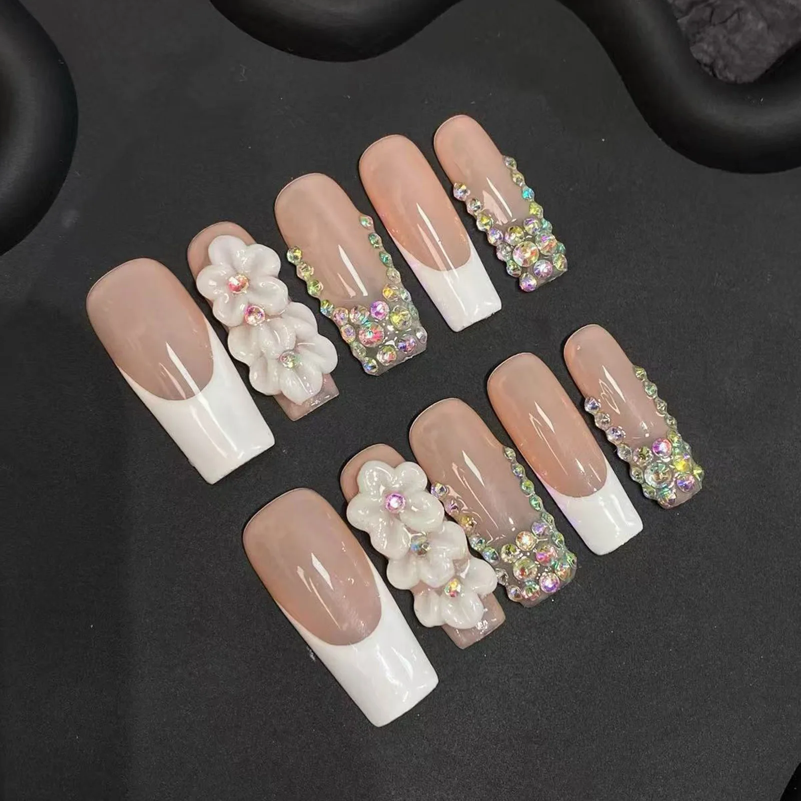 Nude Color Long Coffin Fake Nails 10Pcs White French Handmade Press On Nail Shiny Diamond 3D Flower Designers Stick-on Nails Art