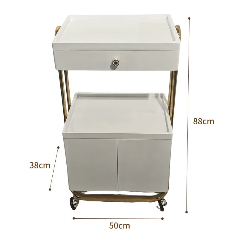 New High Quality Beauty Tool Collecting Salon Trolley Rolling Multi-Function Gold Frame Beauty Trolleys Cart With Double Storage