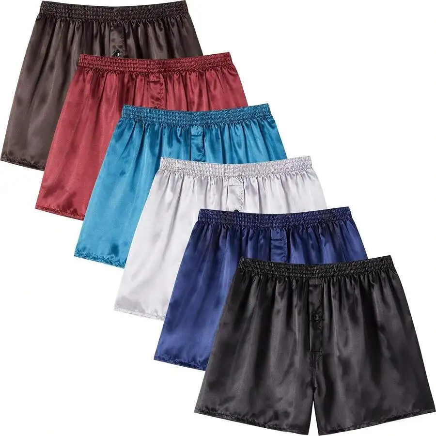 

Mens Satin Boxer Shorts Pack Silk Feeling Sleep Underwear With Button Fly